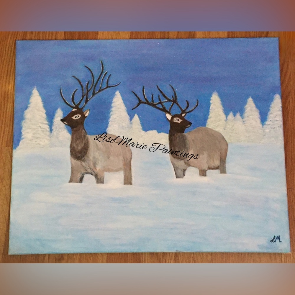 Winter Reindeer Original Painting Canvas Art